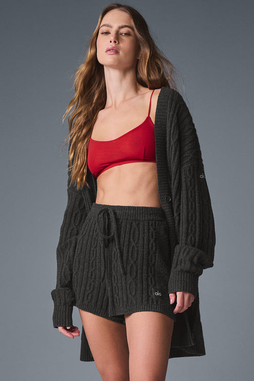 alo Women's Cable Knit Winter Bliss Cardigan - Dark Heather Grey