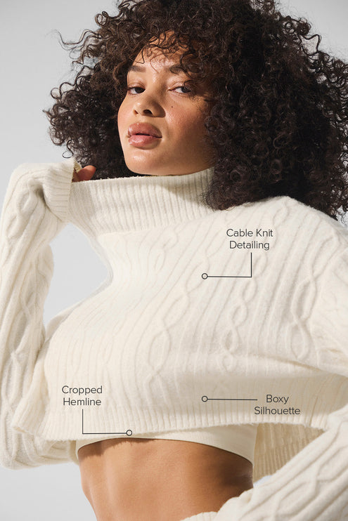 alo Women's Cable Knit Cropped Winter Bliss Turtleneck Long Sleeve - Ivory