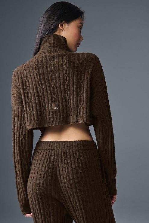 alo Women's Cable Knit Cropped Winter Bliss Turtleneck Long Sleeve - Espresso
