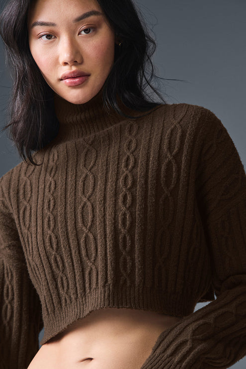 alo Women's Cable Knit Cropped Winter Bliss Turtleneck Long Sleeve - Espresso