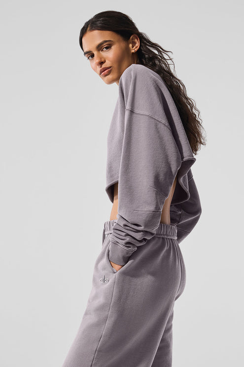 alo Women's Washed Extreme Cropped Pullover - Cool Grey Wash