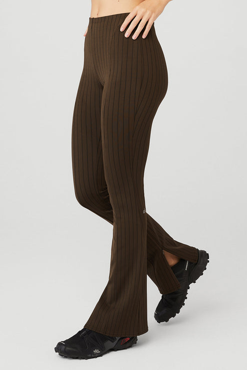 alo Women's High-Waist Pinstripe Zip It Flare Legging - Espresso/Black
