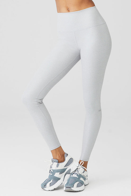alo Women's Alosoft Ribbed High-Waist Shimmer Legging - Light Grey Iridescent