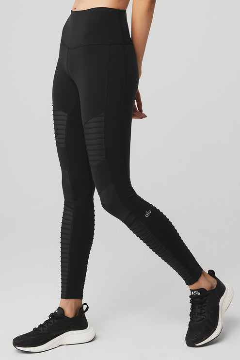 alo Women's High-Waist Moto Legging - Black/Black Glossy