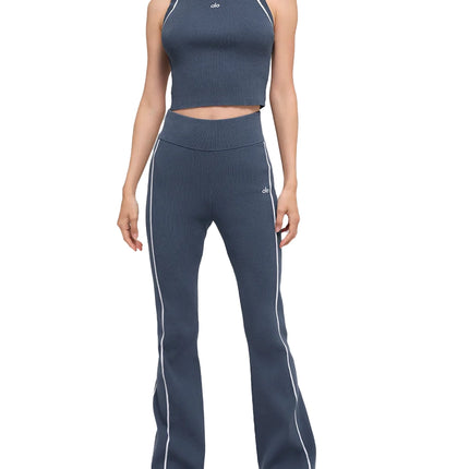 alo Women's Ribbed Sweater Knit Highline Cropped Tank Bluestone/White