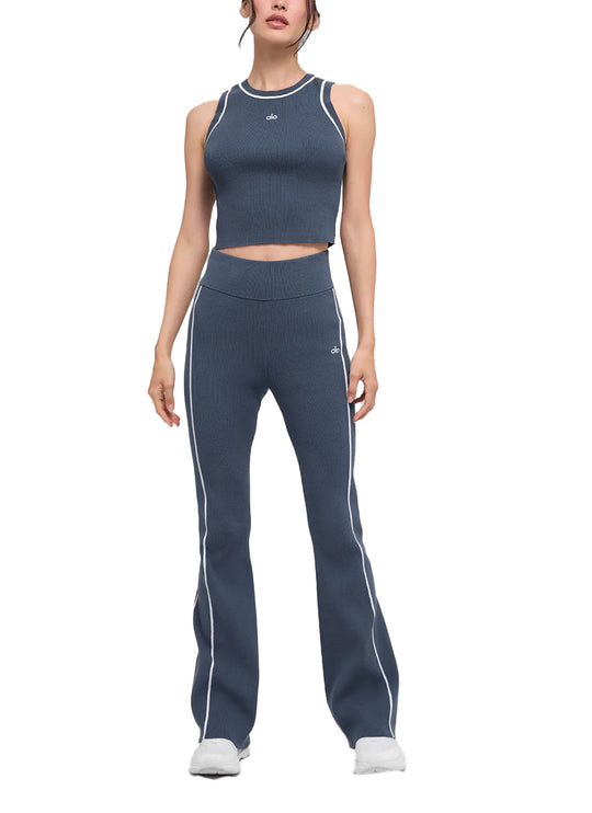 alo Women's Ribbed Sweater Knit Highline Cropped Tank Bluestone/White