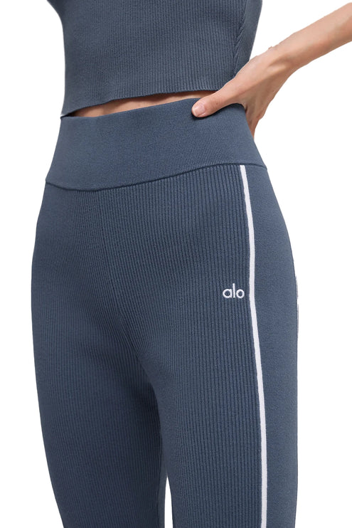 alo Women's Ribbed Sweater Knit Highline Flare Pant Bluestone/White