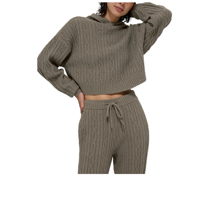 alo Women's Cable Knit Winter Bliss Hoodie Light Cocoa