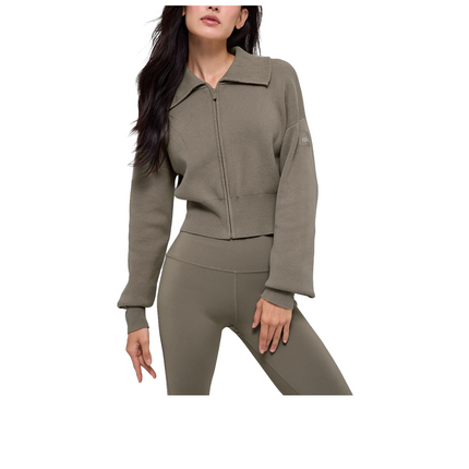 alo Women's Scholar Knit Cropped Full Zip Jacket Light Cocoa