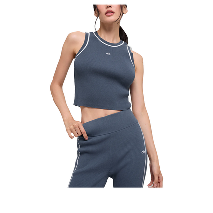 alo Women's Ribbed Sweater Knit Highline Cropped Tank Bluestone/White