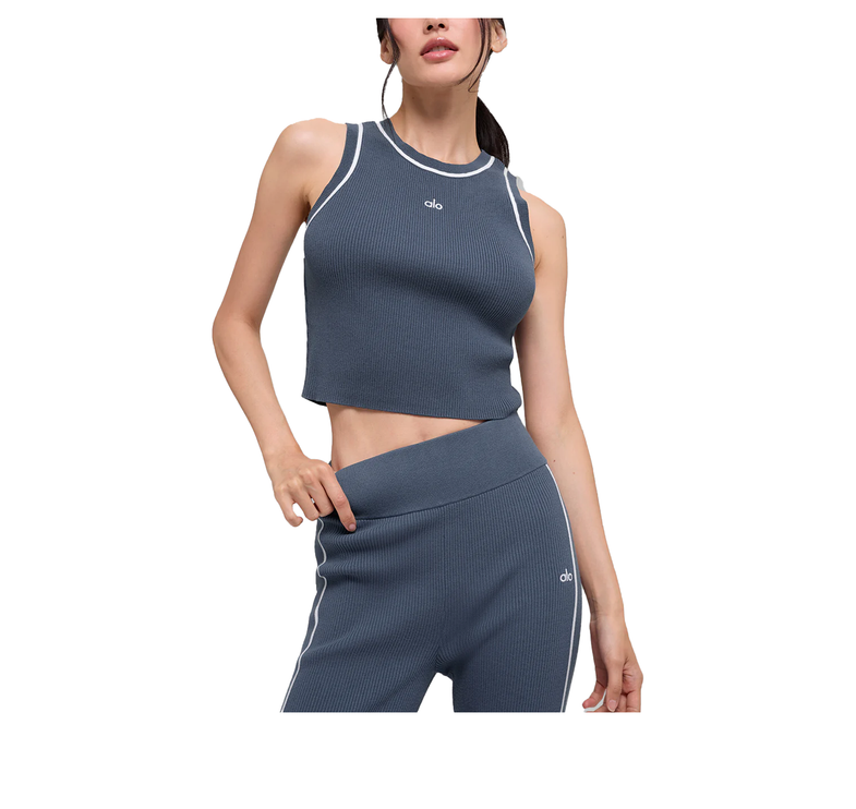 alo Women's Ribbed Sweater Knit Highline Cropped Tank Bluestone/White