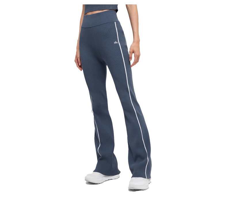 alo Women's Ribbed Sweater Knit Highline Flare Pant Bluestone/White