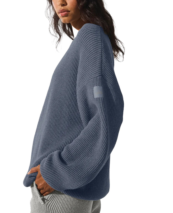 alo Women's Domain Rib Knit Crew Sweater Bluestone