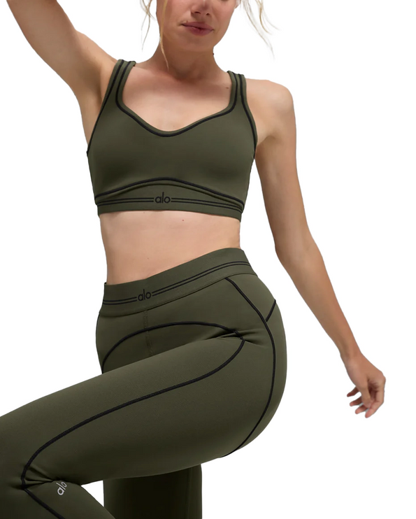alo Women's Airbrush Heart Throb Bra Green Olive/Black