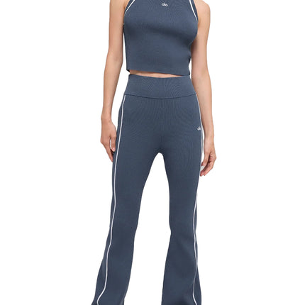 alo Women's Ribbed Sweater Knit Highline Flare Pant Bluestone/White