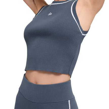 alo Women's Ribbed Sweater Knit Highline Cropped Tank Bluestone/White