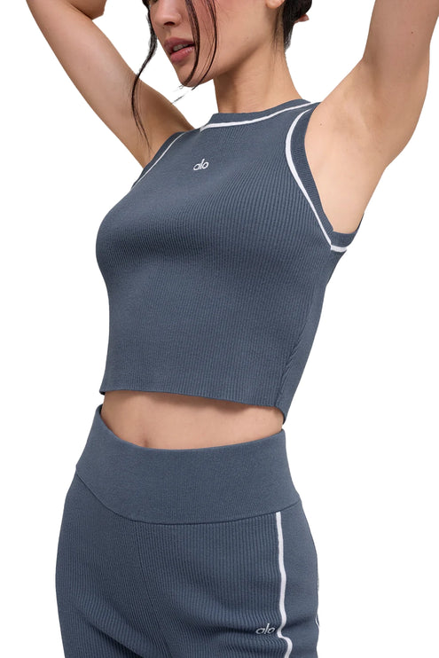 alo Women's Ribbed Sweater Knit Highline Cropped Tank Bluestone/White
