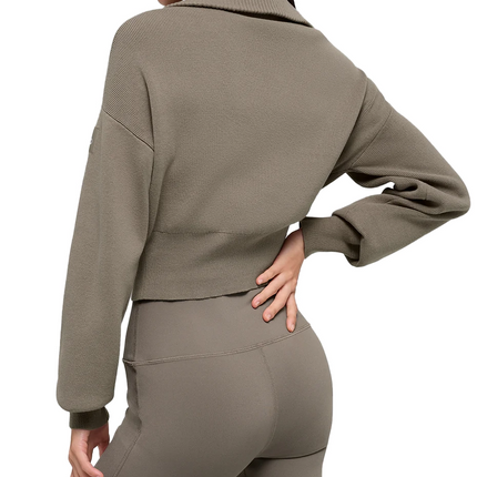 alo Women's Scholar Knit Cropped Full Zip Jacket Light Cocoa
