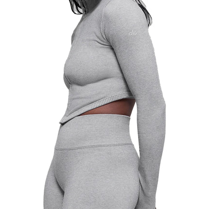alo Women's Seamless Two Tone Rib Jacket Light Misty Grey Heather