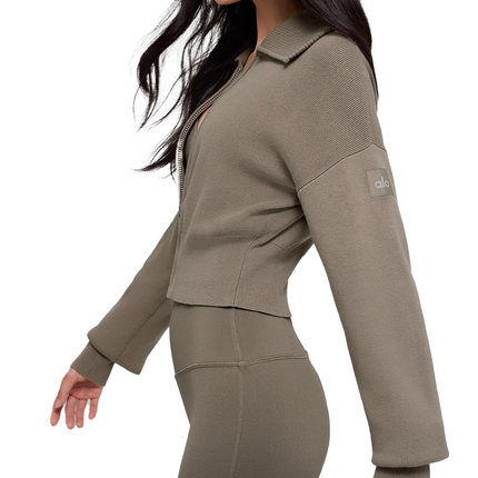 alo Women's Scholar Knit Cropped Full Zip Jacket Light Cocoa