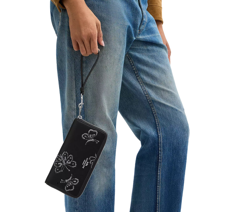 Coach Women's Long Zip Around Wallet With Butterfly Print Black/Silver