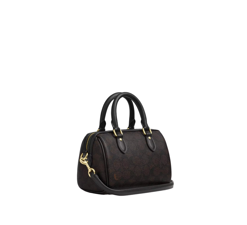 Coach Women's Boxed Mini Rowan Crossbody Bag And Mirror Bag Charm Set In Signature Canvas Gold/Walnut/Black - Hemen Kargoda