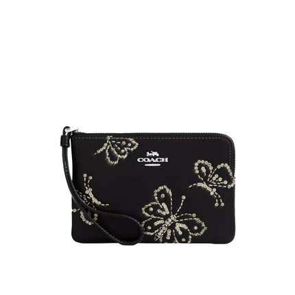 Coach Women's Corner Zip Wristlet With Sparkly Butterfly Print Black/Silver