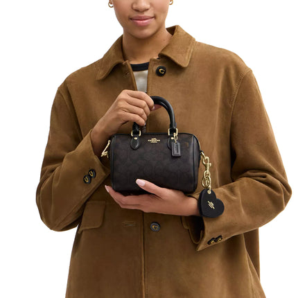 Coach Women's Boxed Mini Rowan Crossbody Bag And Mirror Bag Charm Set In Signature Canvas Gold/Walnut/Black - Hemen Kargoda