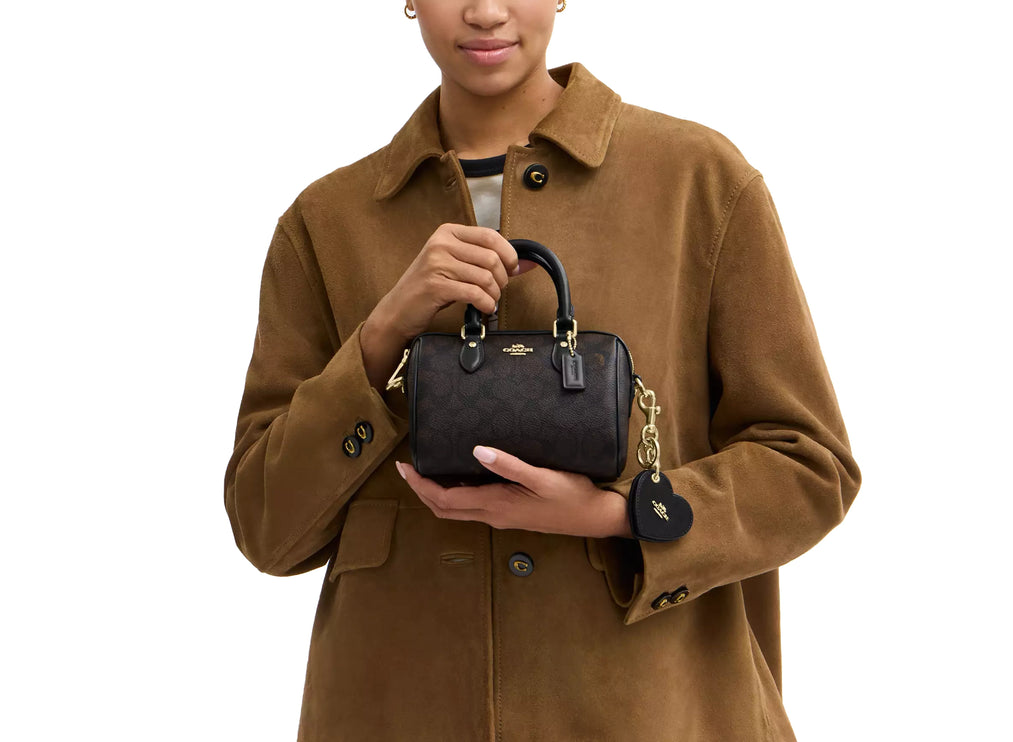 Coach Women's Boxed Mini Rowan Crossbody Bag And Mirror Bag Charm Set In Signature Canvas Gold/Walnut/Black - Hemen Kargoda