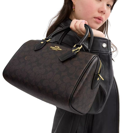 Coach Women's Rowan Satchel Bag In Signature Canvas Gold/Walnut/Black - Hemen Kargoda