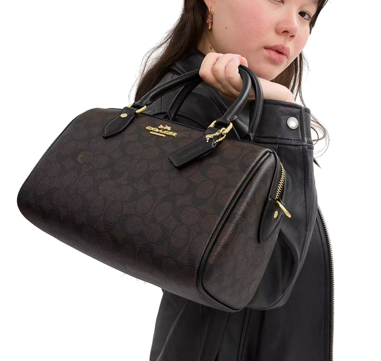 Coach Women's Rowan Satchel Bag In Signature Canvas Gold/Walnut/Black - Hemen Kargoda