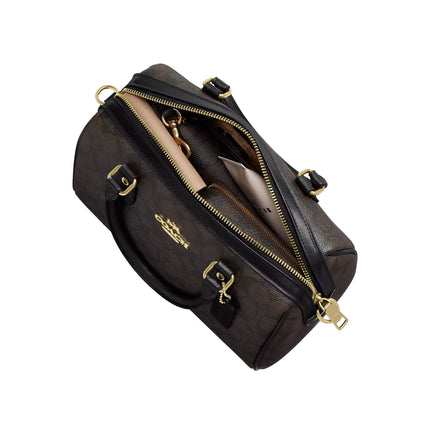 Coach Women's Rowan Satchel Bag In Signature Canvas Gold/Walnut/Black - Hemen Kargoda