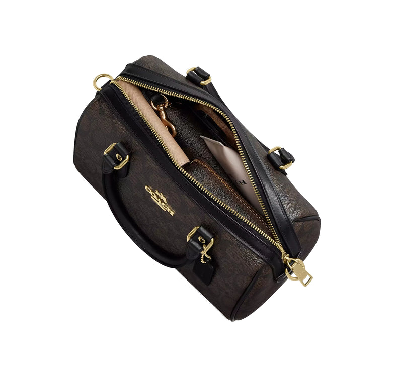 Coach Women's Rowan Satchel Bag In Signature Canvas Gold/Walnut/Black - Hemen Kargoda