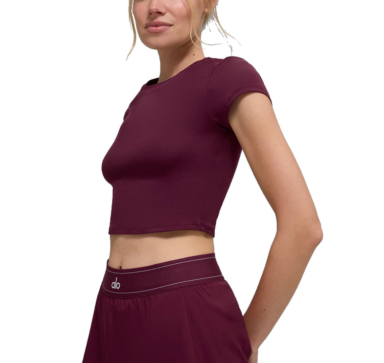 alo Women's Alosoft Crop Finesse Short Sleeve Burgundy