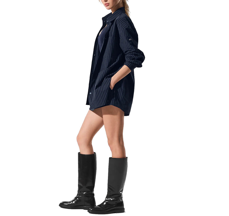 alo Women's Pinstripe Daylight Button Down Long Sleeve Navy/Ivory