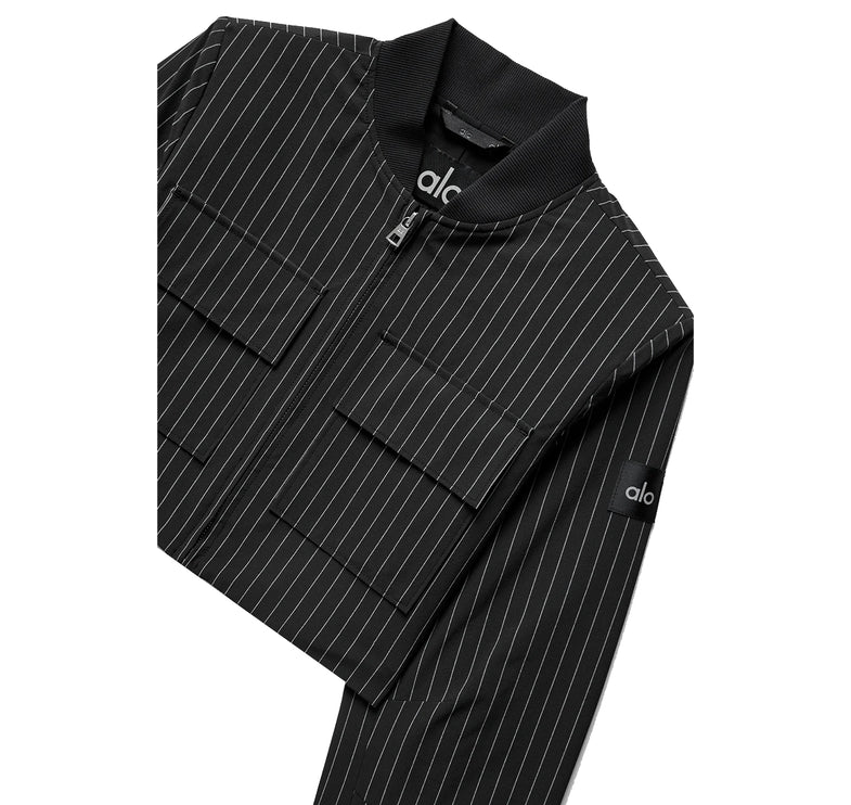 alo Women's Cropped Pinstripe Main Character Full Zip Jacket Black/Titanium