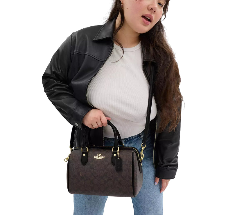 Coach Women's Rowan Satchel Bag In Signature Canvas Gold/Walnut/Black - Hemen Kargoda