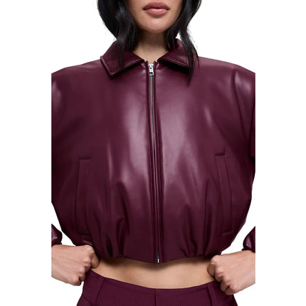alo Women's Faux Leather Cropped Premier Bomber Burgundy