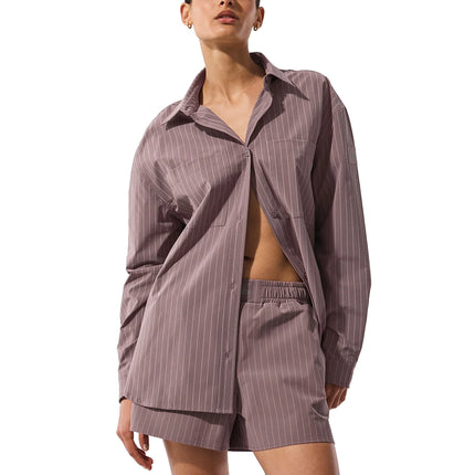 alo Women's Pinstripe Daylight Button Down Long Sleeve Mushroom/Ivory