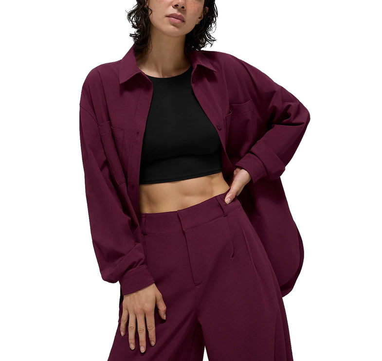 alo Women's Dreamscape Button Down Long Sleeve Burgundy - Hemen Kargoda