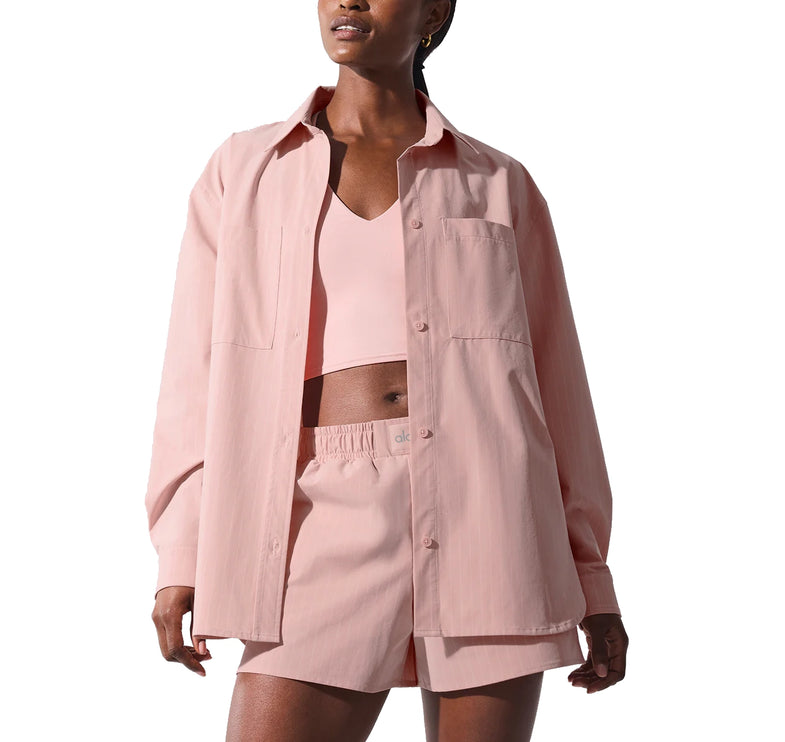 alo Women's Pinstripe Daylight Button Down Long Sleeve Pink Quartz/Ivory