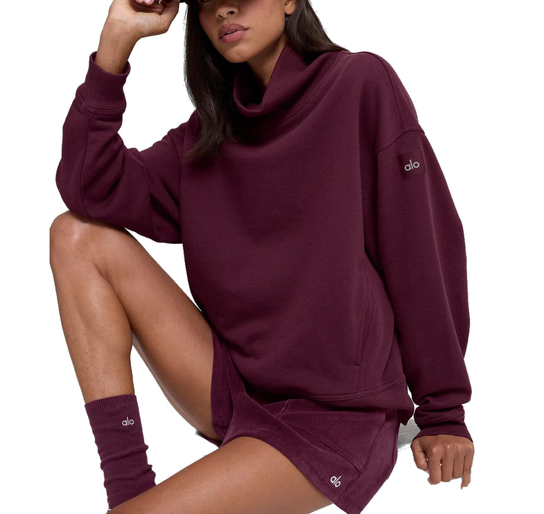 alo Women's Hazy Mock Neck Pullover Burgundy