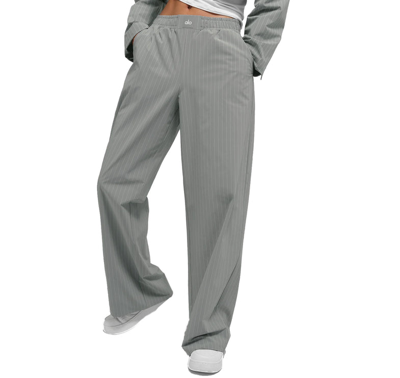 alo Women's Pinstripe Daylight Boxer Pant (Long) Lunar Grey/White