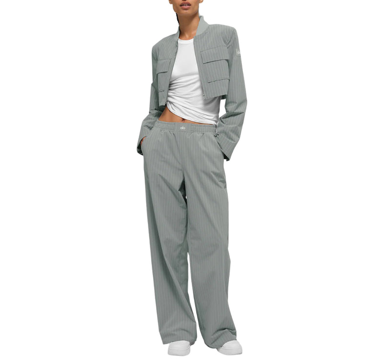 alo Women's Pinstripe Daylight Boxer Pant (Long) Lunar Grey/White