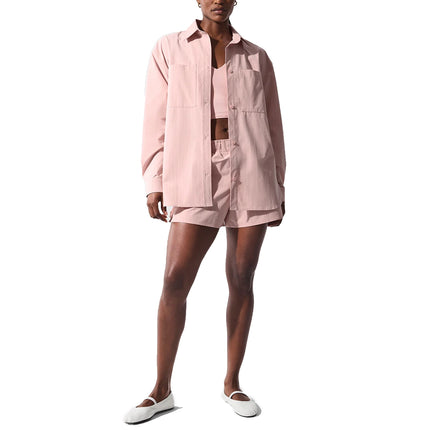 alo Women's Pinstripe Daylight Button Down Long Sleeve Pink Quartz/Ivory