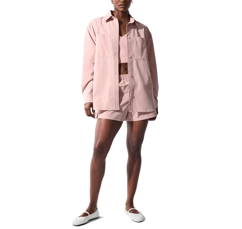 alo Women's Pinstripe Daylight Button Down Long Sleeve Pink Quartz/Ivory