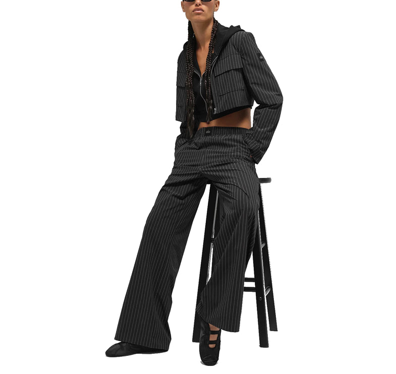 alo Women's Pinstripe Daylight Boxer Pant (Long) Black/Titanium