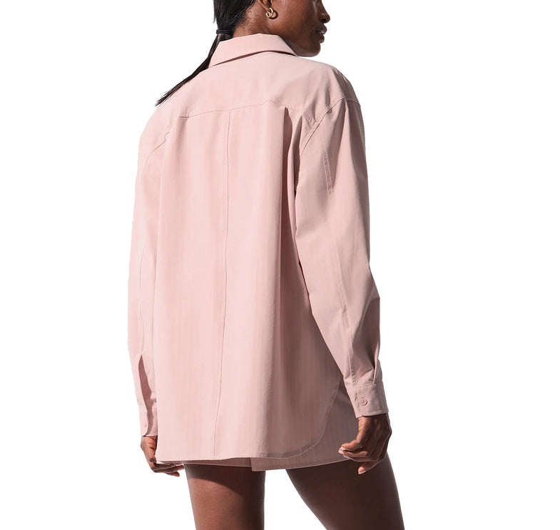 alo Women's Pinstripe Daylight Button Down Long Sleeve Pink Quartz/Ivory
