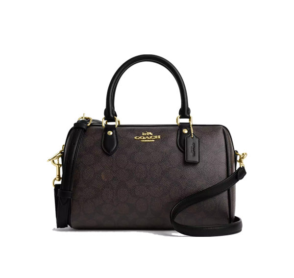 Coach Women's Rowan Satchel Bag In Signature Canvas Gold/Walnut/Black - Hemen Kargoda