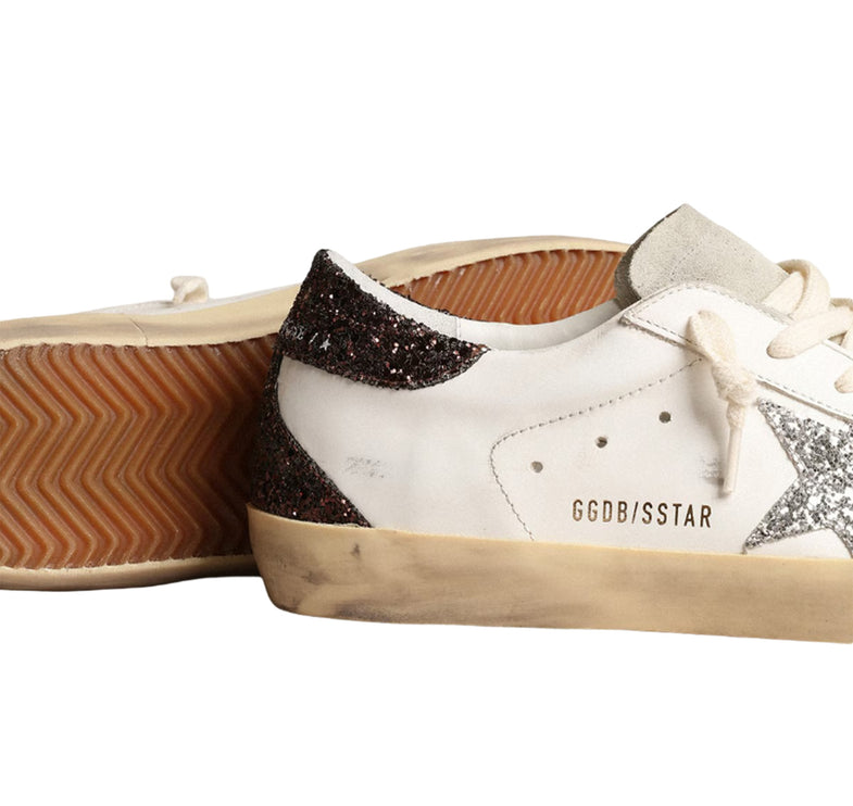 Golden Goose Women's Super Star Sneakers with Silver Star and Brown Glitter - Hemen Kargoda